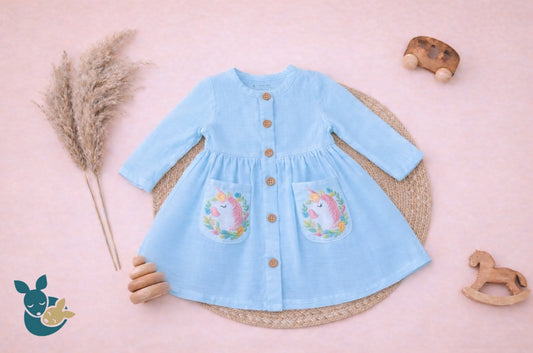 Blue Embroidered Unicorn Frock