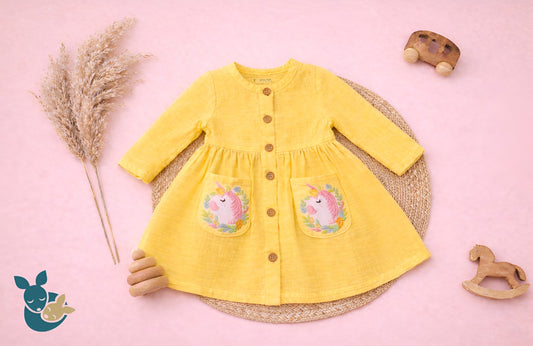 Yellow Embroidered Unicorn Frock