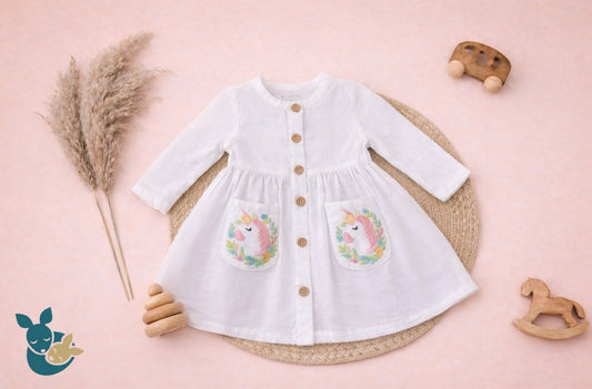 White Embroidered Unicorn Frock